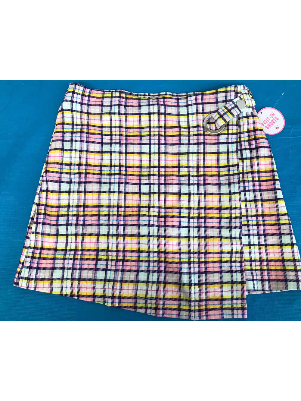 Justice Girls Skort. Pink, Yellow, Green, White Purple& Blue Plaid. Size 10. NWT